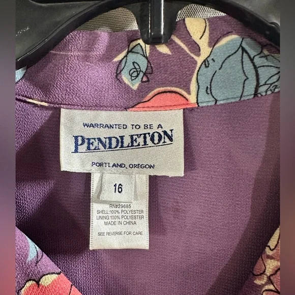 Pendleton Floral Short Sleeve Button Up Blouse Cropped Pruple Collar Sz 16 - Picture 4 of 6